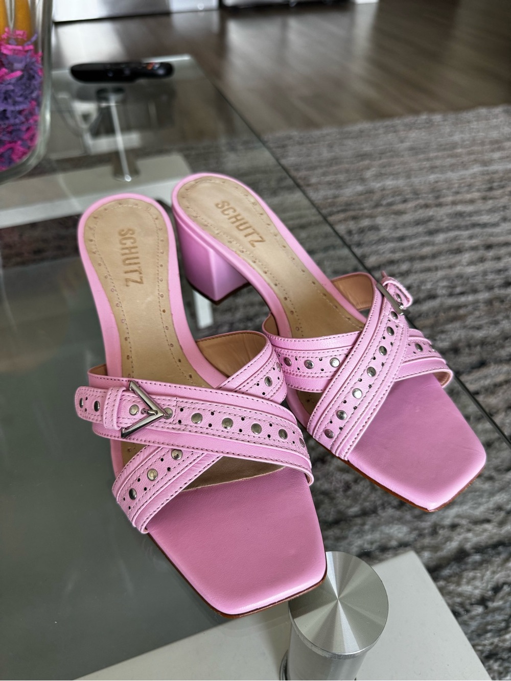 Schutz Pink Leather Block Heel Slide Sandals - Picture 2 of 6